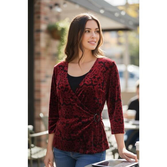 Choices Velvet Faux Wrap Blouse Lined Top Red Black Goth Vamp Whimsigoth Large - Picture 1 of 16